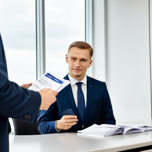 Home 4 A professional male traveler in a sharp business suit, fully clothed, standing confidently at a modern airport immigration counter in Lithuania. He is presenting his passport and a neatly organized stack of printed travel documents to a uniformed border official, who is looking at the passport with a neutral, professional expression. The background features a clean, well-lit immigration hall with subtle, unidentifiable signs. The scene emphasizes preparedness and a smooth entry process. Perfect anatomy, correct proportions, natural pose, well-formed hands, proper finger count, natural body proportions, professional photography, high quality, realistic. safe for work, appropriate content, modest clothing, professional dress.