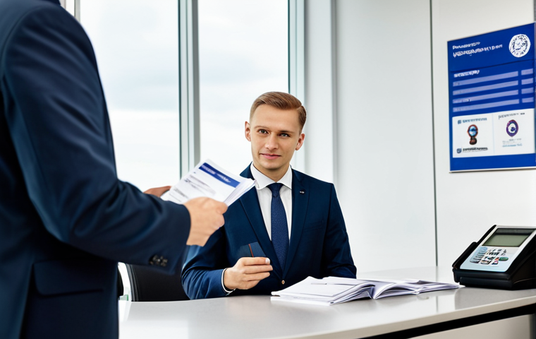 A professional male traveler in a sharp business suit, fully clothed, standing confidently at a modern airport immigration counter in Lithuania. He is presenting his passport and a neatly organized stack of printed travel documents to a uniformed border official, who is looking at the passport with a neutral, professional expression. The background features a clean, well-lit immigration hall with subtle, unidentifiable signs. The scene emphasizes preparedness and a smooth entry process. Perfect anatomy, correct proportions, natural pose, well-formed hands, proper finger count, natural body proportions, professional photography, high quality, realistic. safe for work, appropriate content, modest clothing, professional dress.